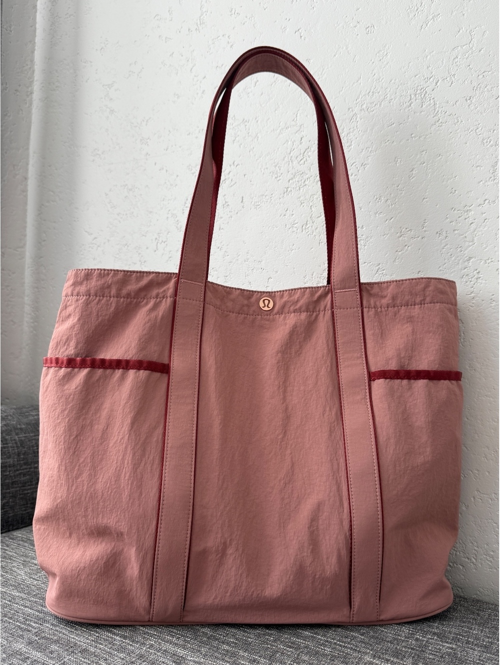Lululemon Pink Canvas Tote Bag with Burgundy Accents